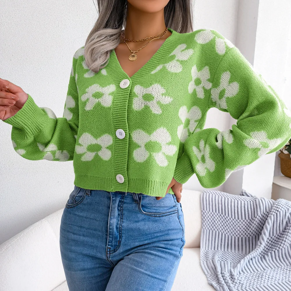 Womens Floral Contrast Color Button Front Casual Cardigan Sweater Coat Long Sleeve Open Front for Resort Wear detail