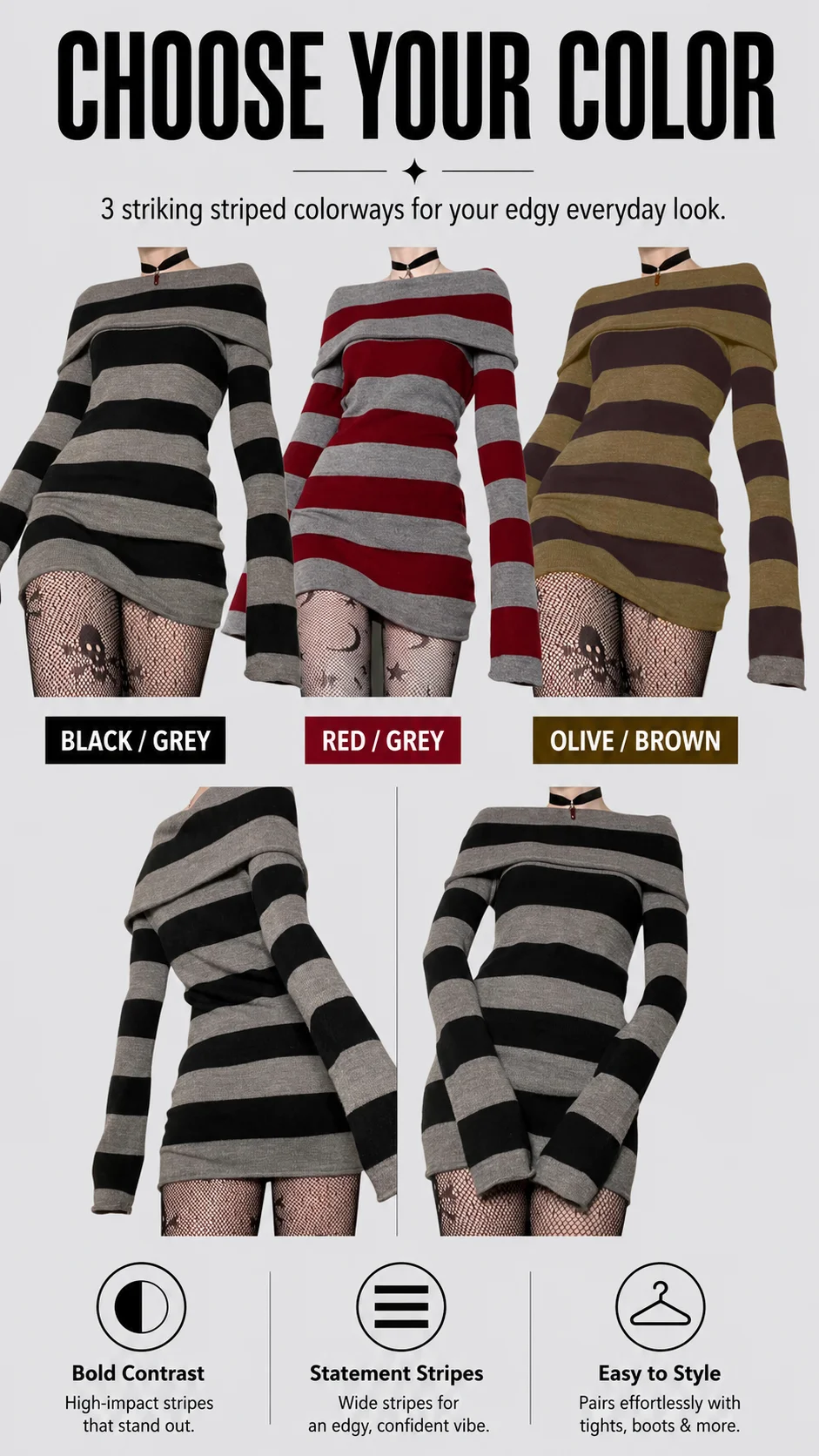Women Gothic Y2K Off Shoulder Striped Knit Mini Dress Long Sleeve Bodycon Sweater Dress Punk Grunge Aesthetic Party Club Outfits detail