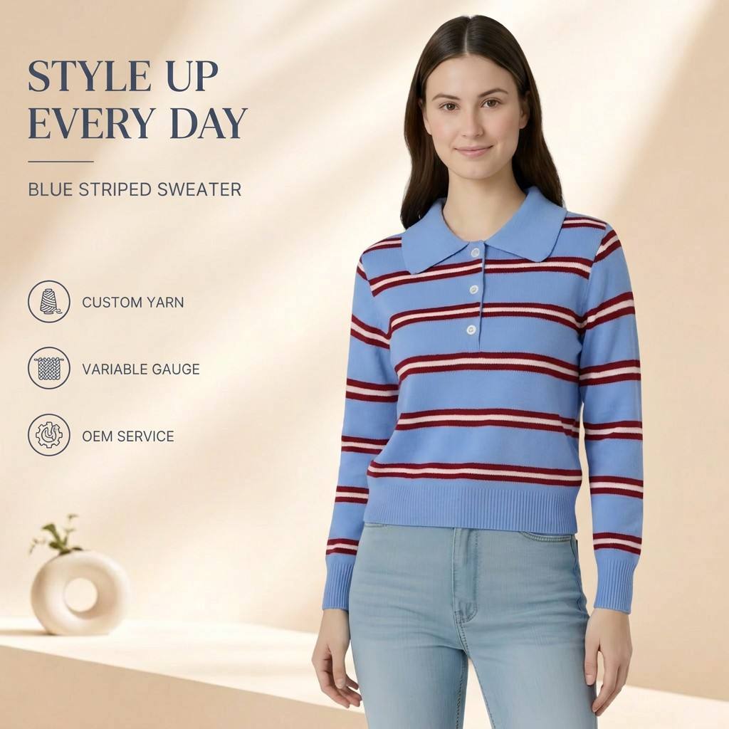 Wholesale High Quality Women's Ladies Striped Casual Knit Pullover Sweater Turn Down Collar Anti-Wrinkle