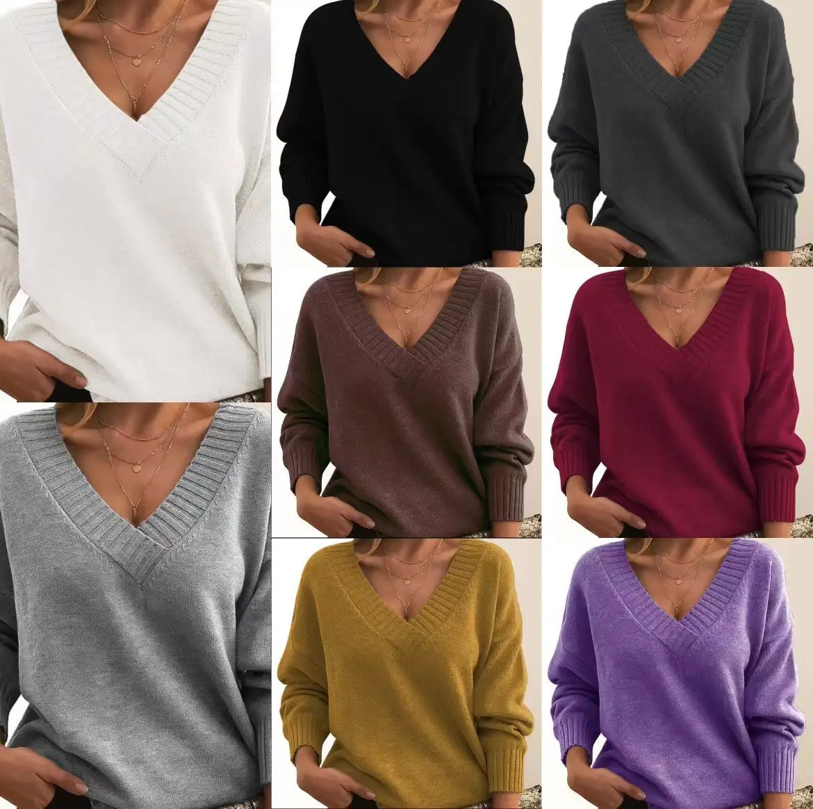 Fall Winter New Fashion Womens Sweater LooseFit VNeck Casual Pullover Knit Tops Clothing product view