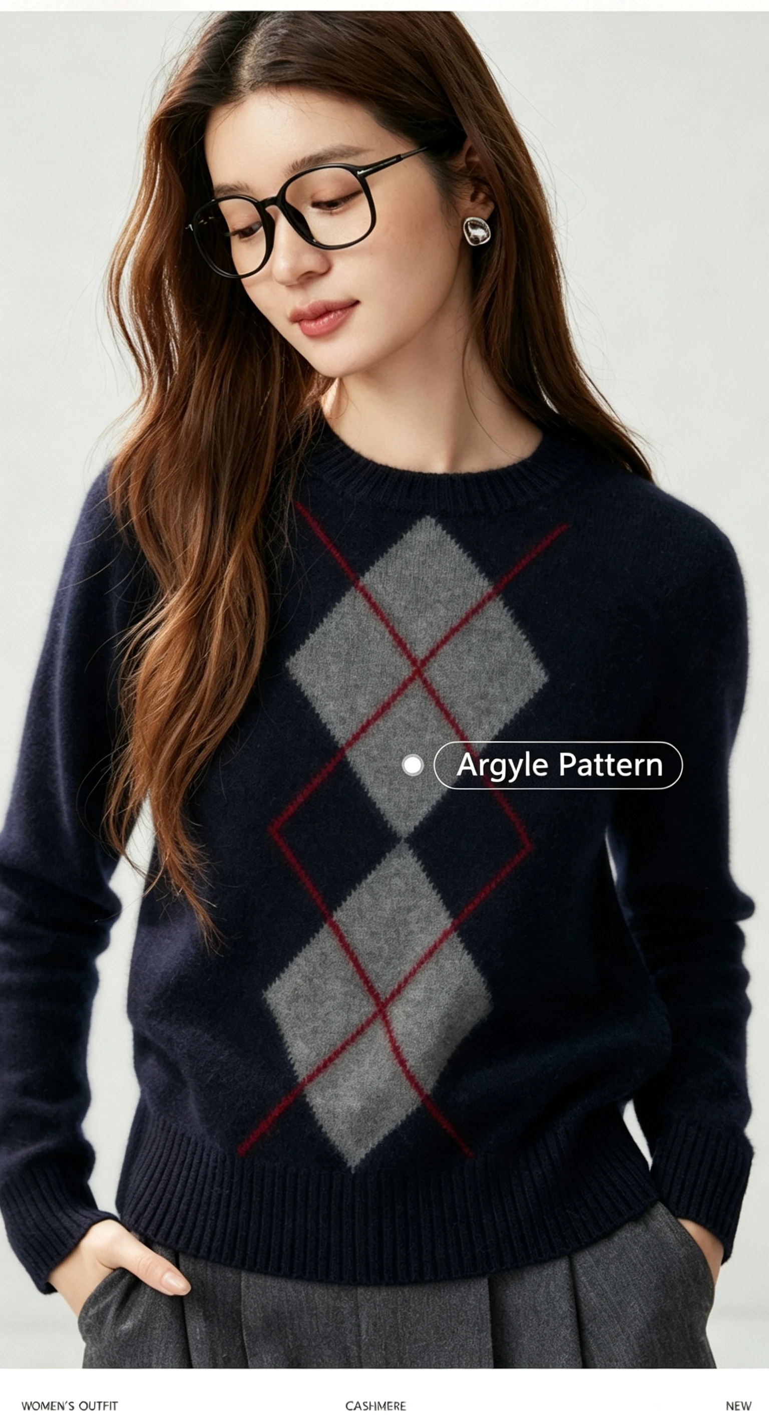 Light Luxury Womens Autumn Winter Sweater Argyle 100 Cashmere Knit Pullover Long Sleeve Clothing Top Lady Warm Jersey detail
