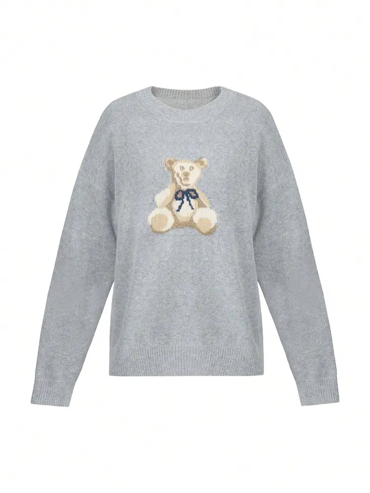 Womens Cartoon Bear Pattern Drop Shoulder Long Sleeve Casual Lazy Winter Sweater Autumn and Winter Pullover product view