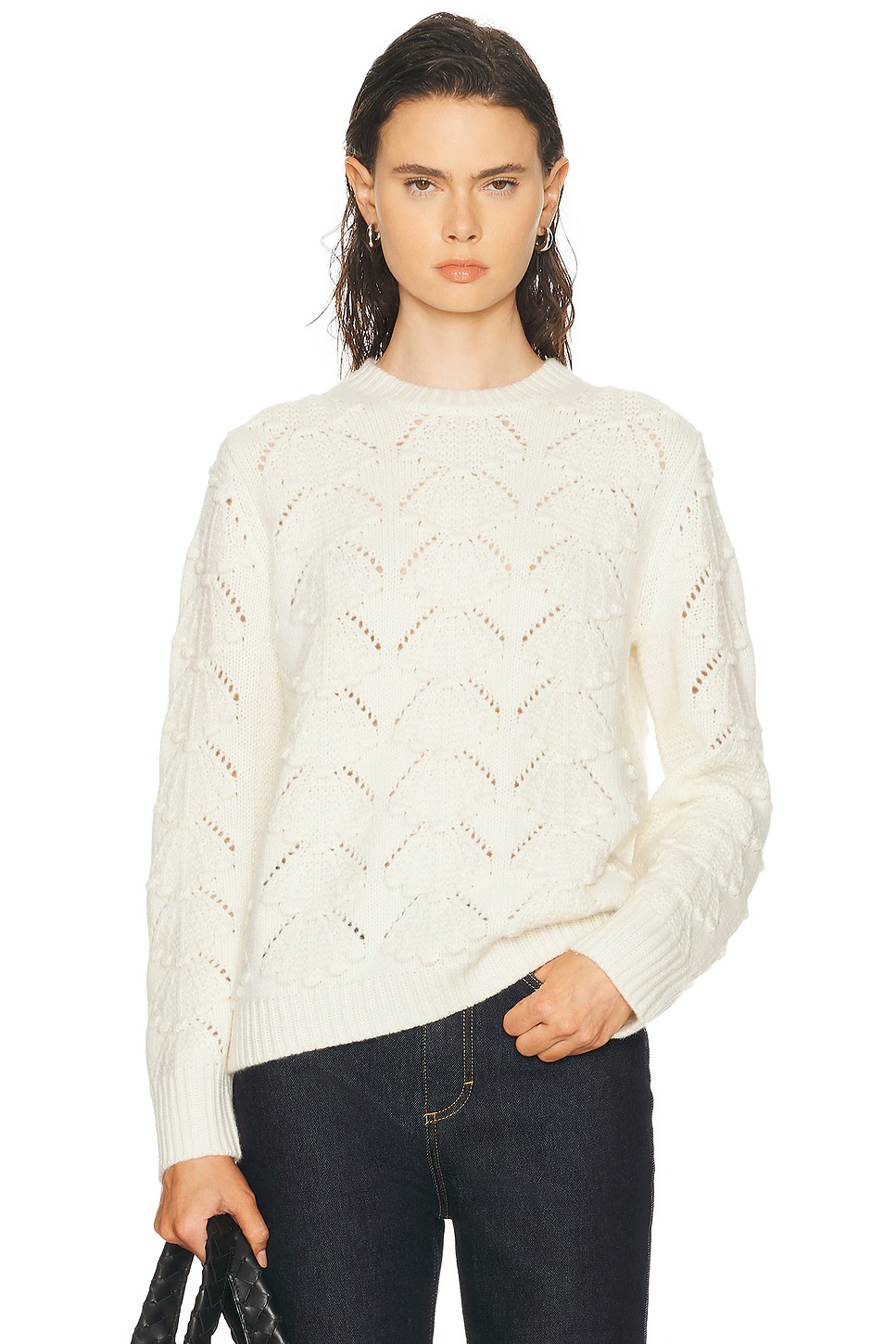 Wholesale Custom Autumn Winter Womens Casual Hollowout Knitted Sweater Crew Neck Long Sleeve Loose Pullover with Front product view