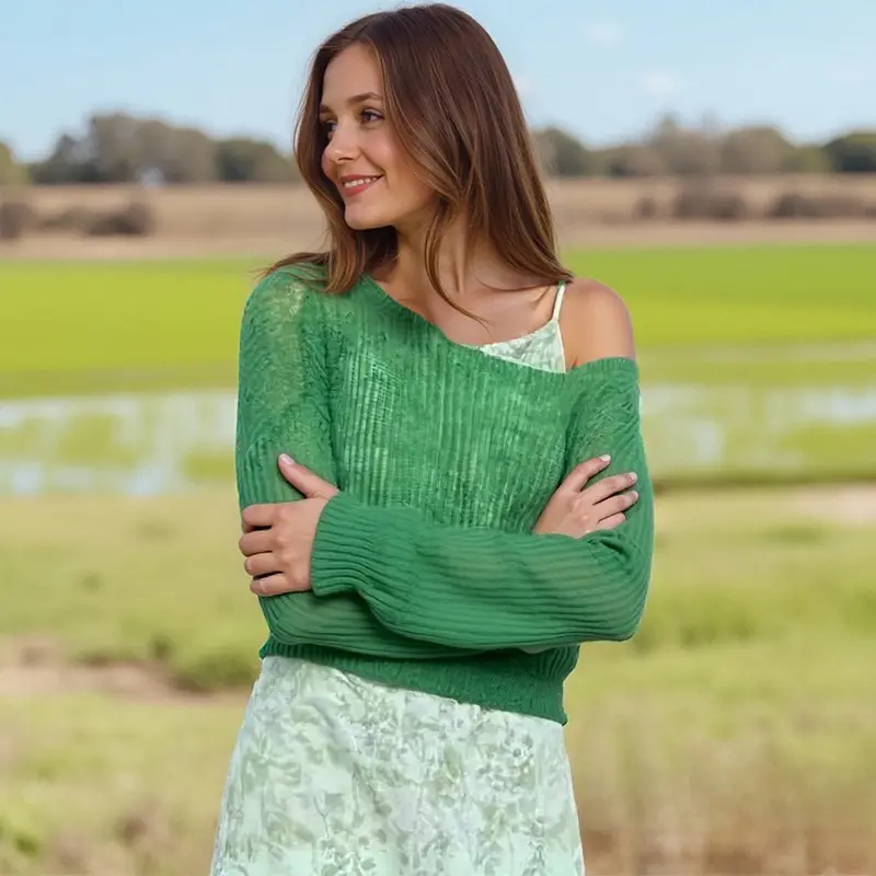 Simple Hollow Out Lightweight Long Sleeved Knitted Sweater Spring New Solid Color Women's Pullover Summer Sunscreen Knitted Tops