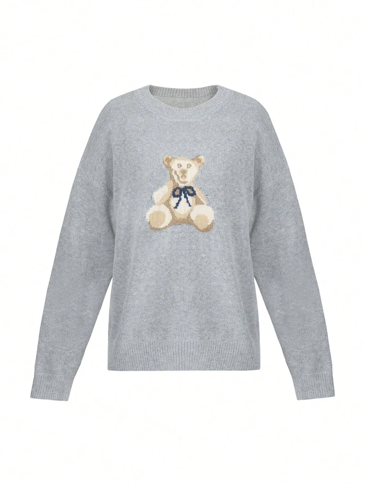 Womens Cartoon Bear Pattern Drop Shoulder Long Sleeve Casual Lazy Winter Sweater Autumn and Winter Pullover detail