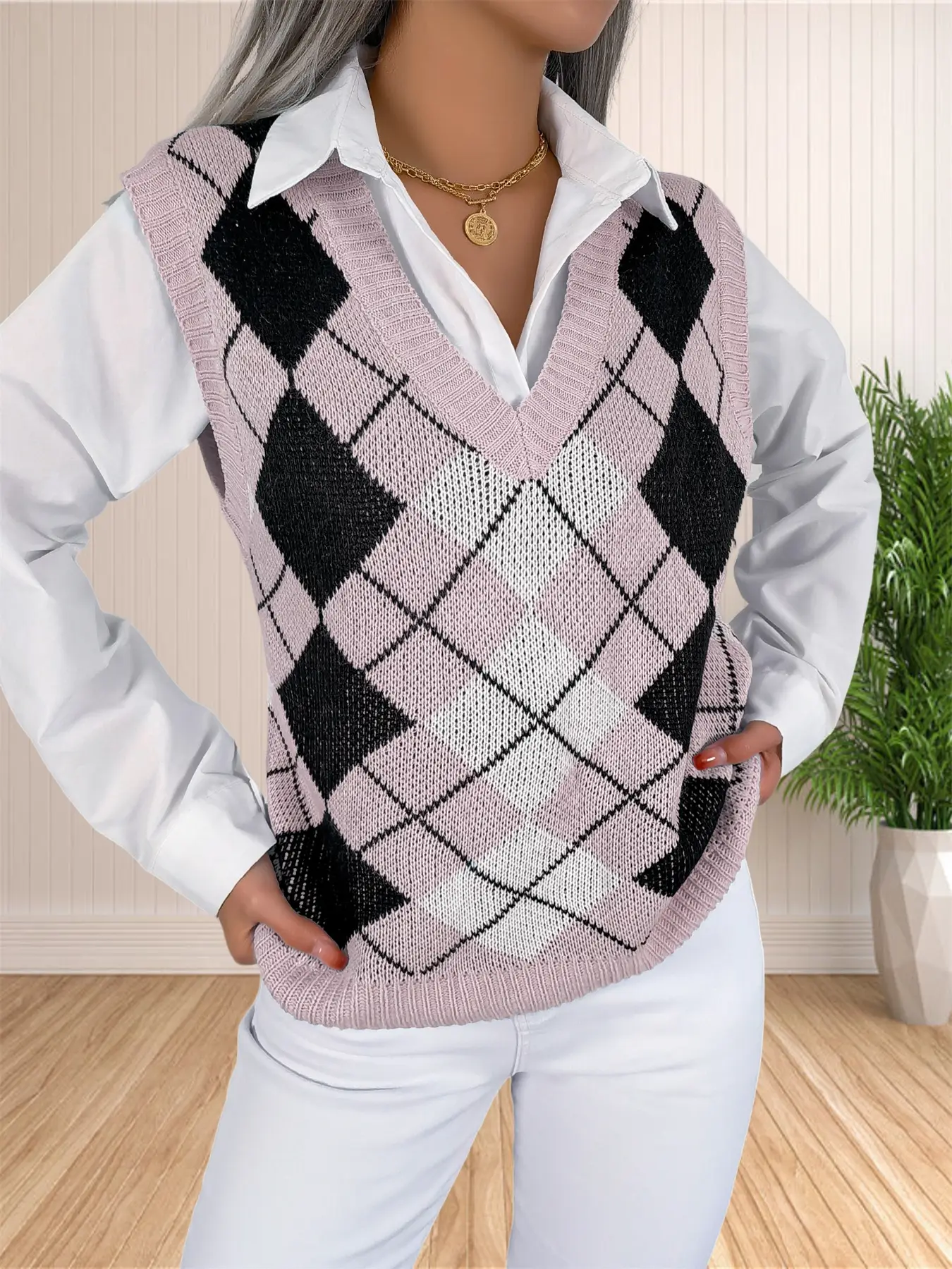 Womens Loose VNeck Preppy Style Argyle Plaid Knitted Sweater Vest product view