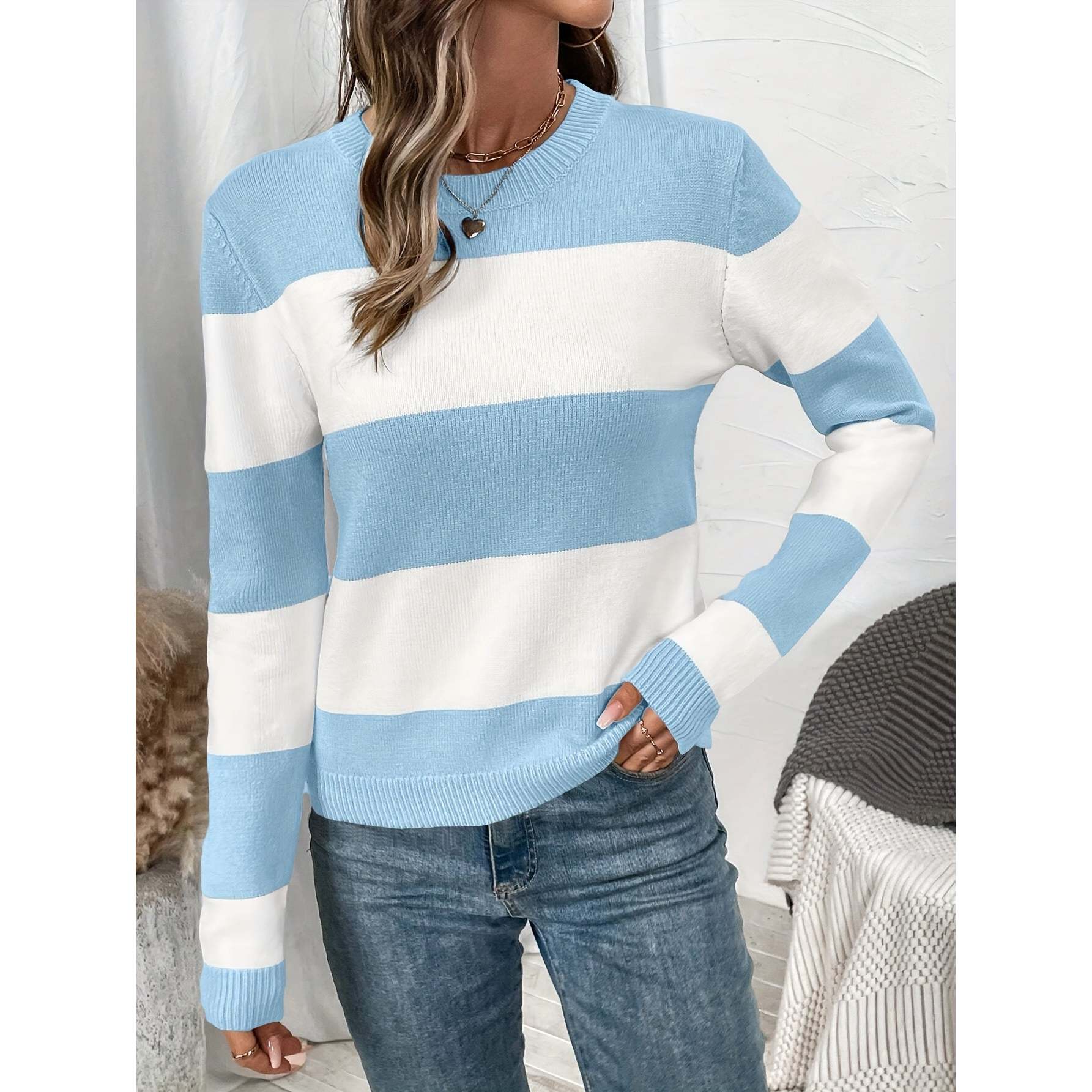 Womens Striped Crew Neck Regular Length Long Sleeve Knit Sweater Warm Breathable Casual Style detail