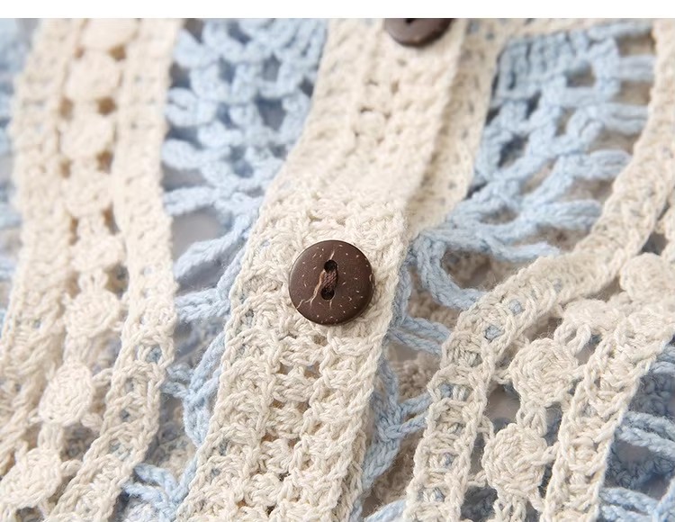Low Moq Custom Women Knitted Sweater Crew Neck Contrast Color Striped Womens Knitwear Hollowout Crochet Women Knitted Cardigan detail