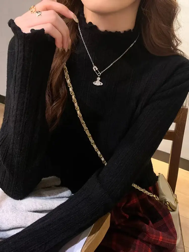 New Womens Autumn and Winter Solid Color Ruffled Semiturtleneck Longsleeved Knitted Sweater Casual Womens Knitted Pullovers product view