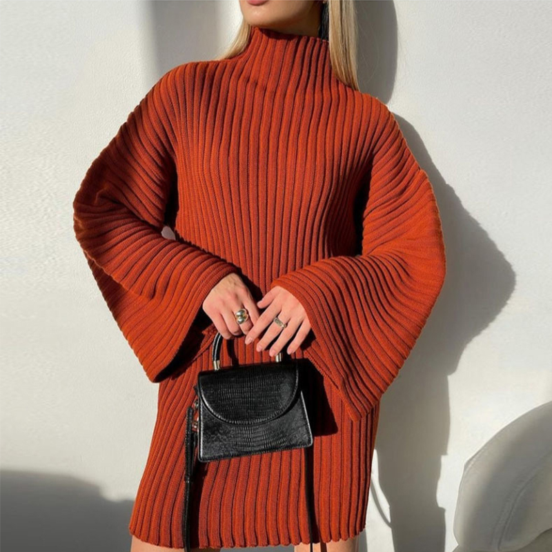 Knitwear Manufacturers ODM Custom White Turtleneck Long Sleeve Large Ribbed Simple Midi Women Sweater Knit Dress detail
