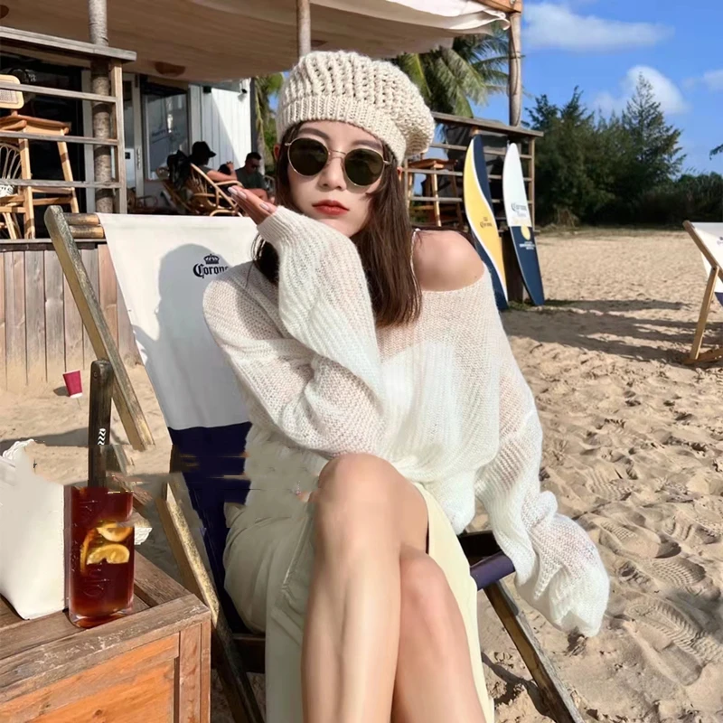 Simple Hollow Out Lightweight Long Sleeved Knitted Sweater Spring New Solid Color Womens Pullover Summer Sunscreen Knitted Tops detail