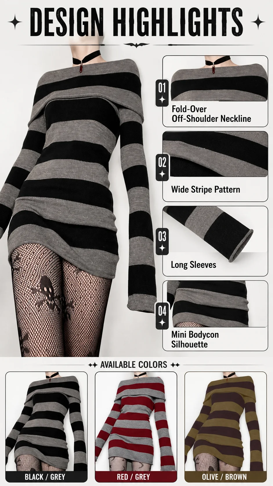 Women Gothic Y2K Off Shoulder Striped Knit Mini Dress Long Sleeve Bodycon Sweater Dress Punk Grunge Aesthetic Party Club Outfits detail