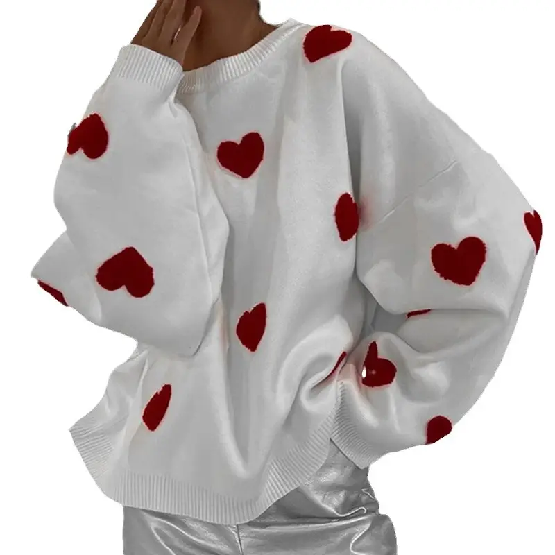 Love Heart Knitted Sweater Womens Trendy Street Style Long Sleeve Overhead Pullover Knitwear Ultra Short Length Fashion product view