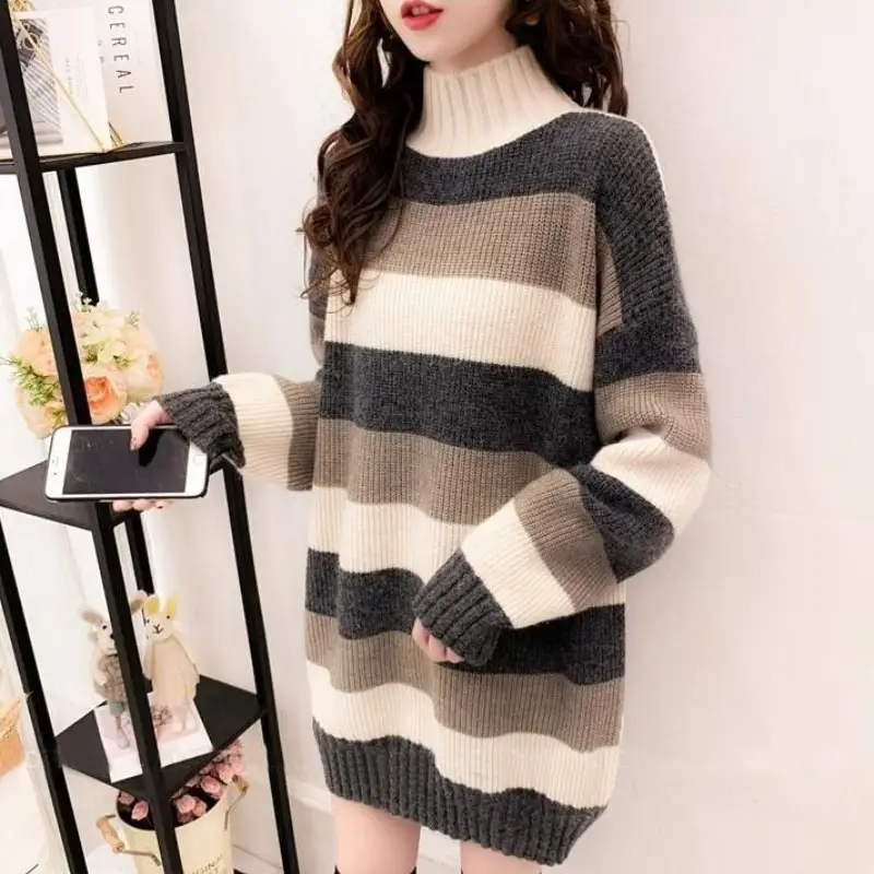 2025 Autumn Winter Thick Warm Sweater Casual Half High Neck Womens Knitted Sweater Striped Loose Fit Lady Pullover Tops product view