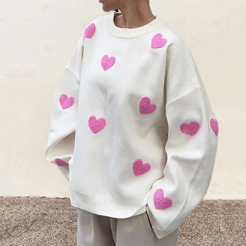 Love Heart Knitted Sweater Womens Trendy Street Style Long Sleeve Overhead Pullover Knitwear Ultra Short Length Fashion detail