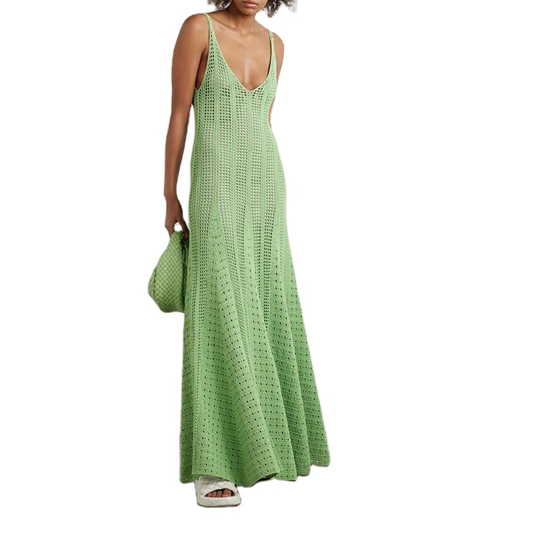 Knitwear Custom Green Sling Sleeveless V-Neck Hollow Out Simple Winter A-Line Women Maxi Knit Sweater Casual Dress