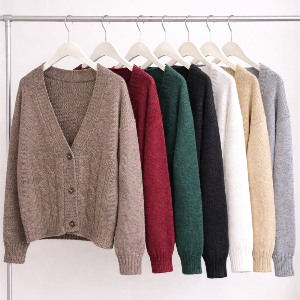 Women's Knitted V-Neck Cardigan Long Sleeve Solid Color Casual Autumn Sweater Breathable Open Stitch Closure 380g Customized