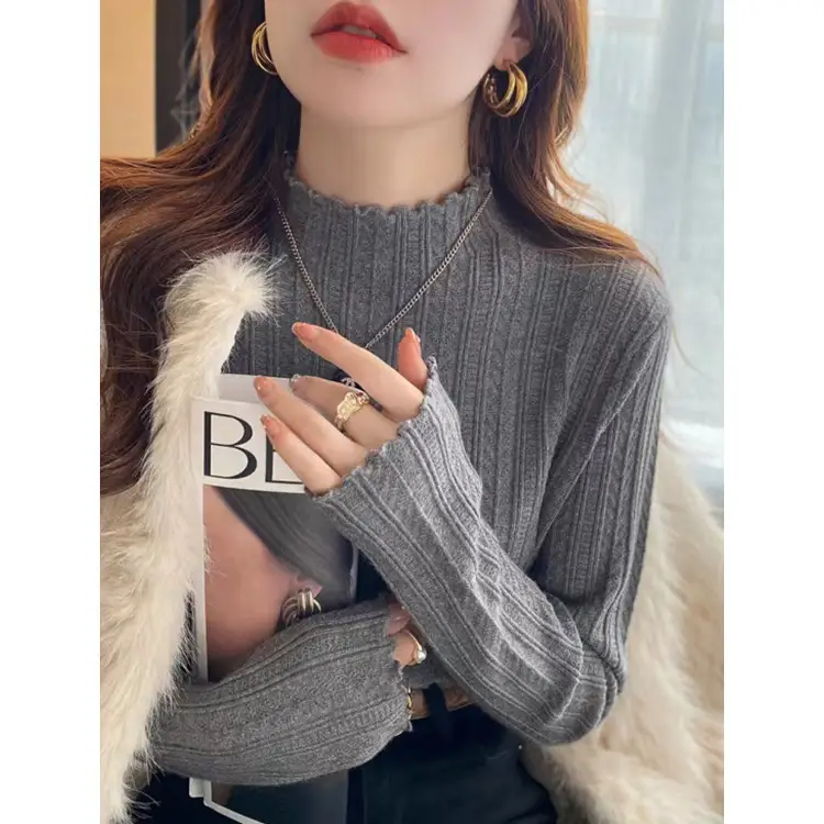 New Womens Autumn and Winter Solid Color Ruffled Semiturtleneck Longsleeved Knitted Sweater Casual Womens Knitted Pullovers product view