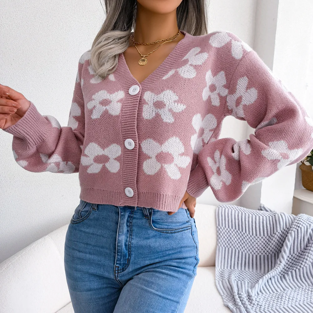 Womens Floral Contrast Color Button Front Casual Cardigan Sweater Coat Long Sleeve Open Front for Resort Wear detail