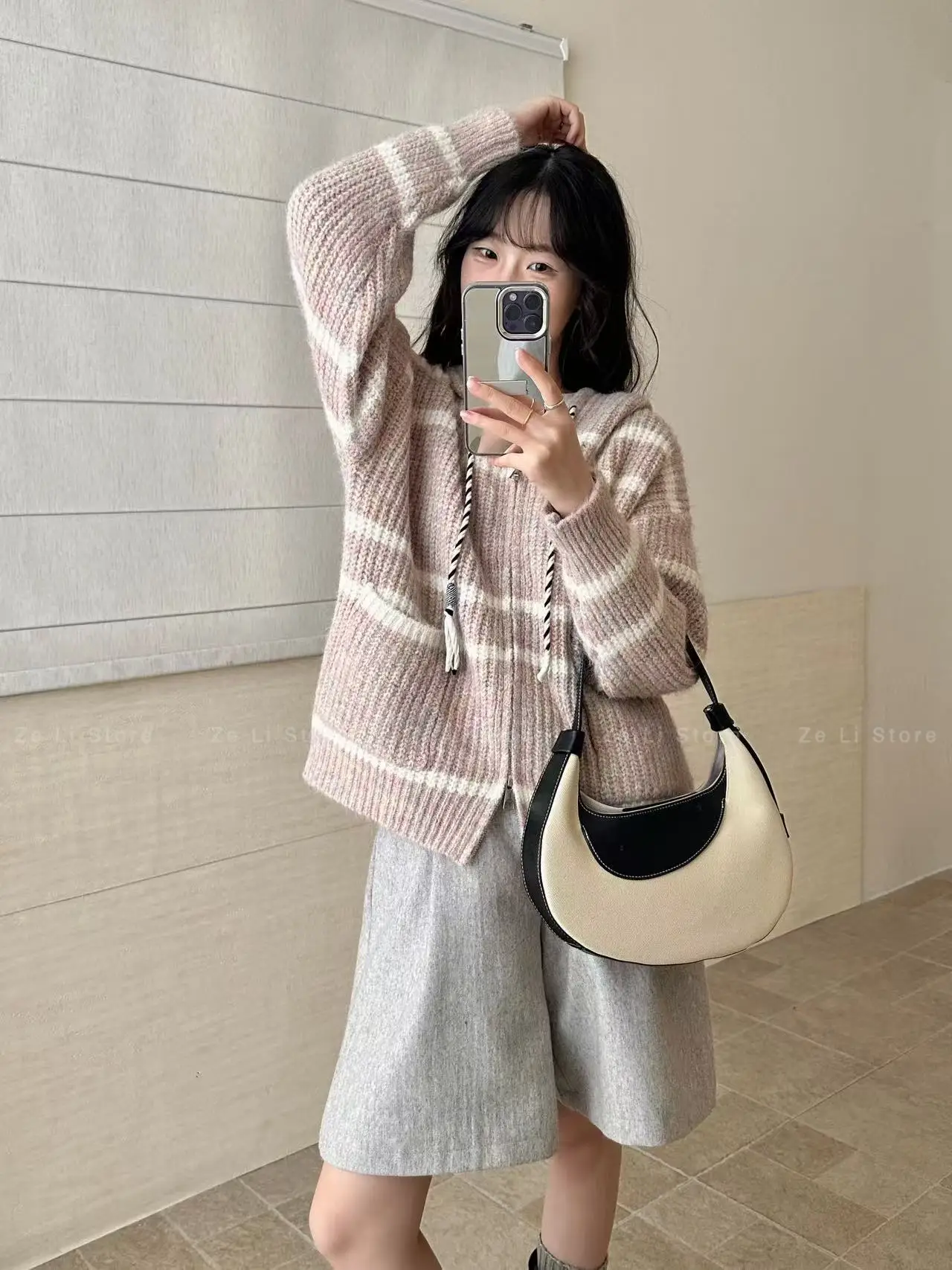 Loose Womens Zipper Knitted Sweater Striped Hooded Color Block Autumn Winter Outerwear Casual Comfortable Lazy Style Top detail