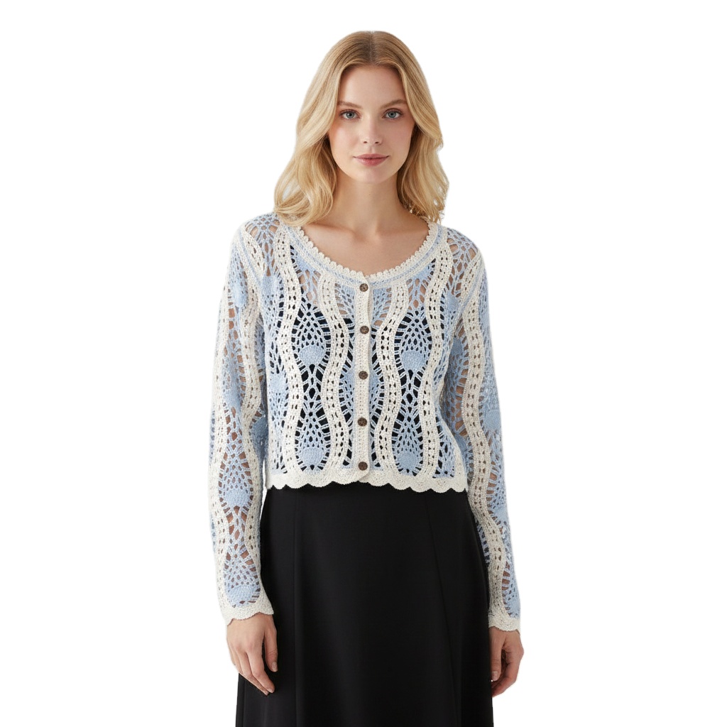 Low Moq Custom Women Knitted Sweater Crew Neck Contrast Color Striped Women's Knitwear Hollow-out Crochet Women Knitted Cardigan
