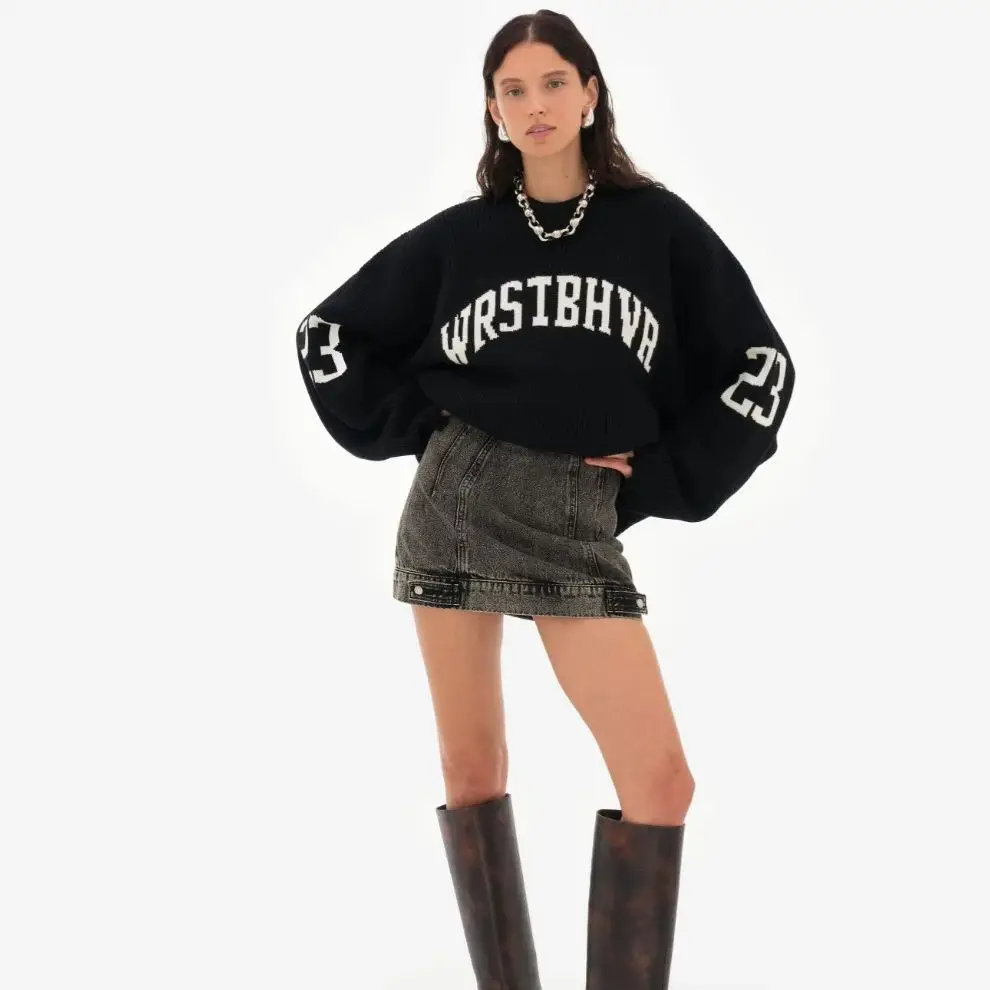 Trendy Loose Letter Jacquard Knitted Pullover Womens Autumn New Gray Black Soft Sweater Hottie Versatile Pieces product view