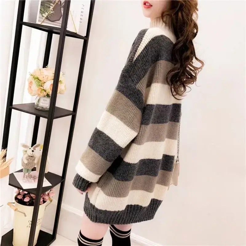 2025 Autumn Winter Thick Warm Sweater Casual Half High Neck Womens Knitted Sweater Striped Loose Fit Lady Pullover Tops product view