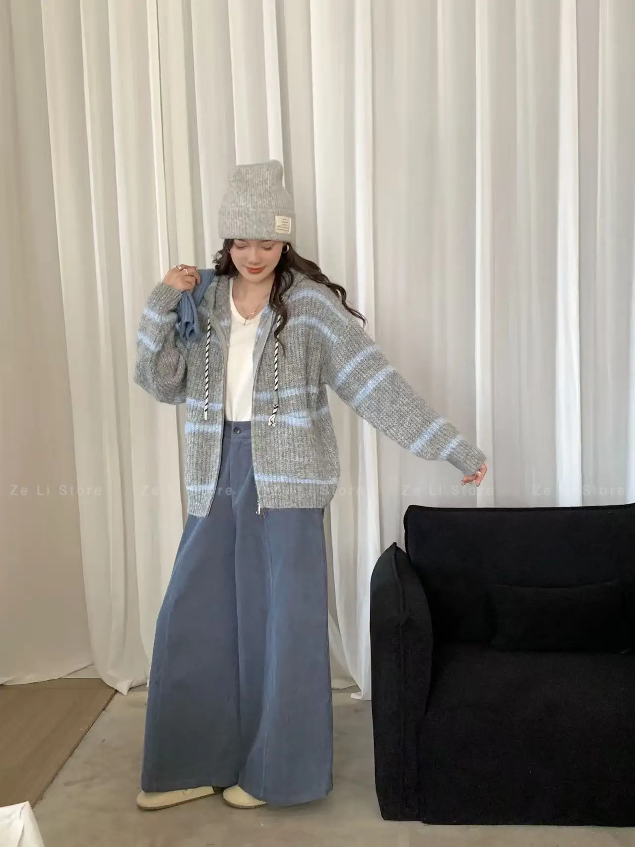 Loose Womens Zipper Knitted Sweater Striped Hooded Color Block Autumn Winter Outerwear Casual Comfortable Lazy Style Top detail