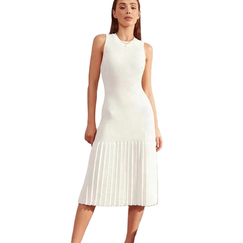 Knitwear Custom Spring Summer White Crew Neck Sleeveless Pleated A-Line Natural Waist Midi Women's Knit Sweater Dress
