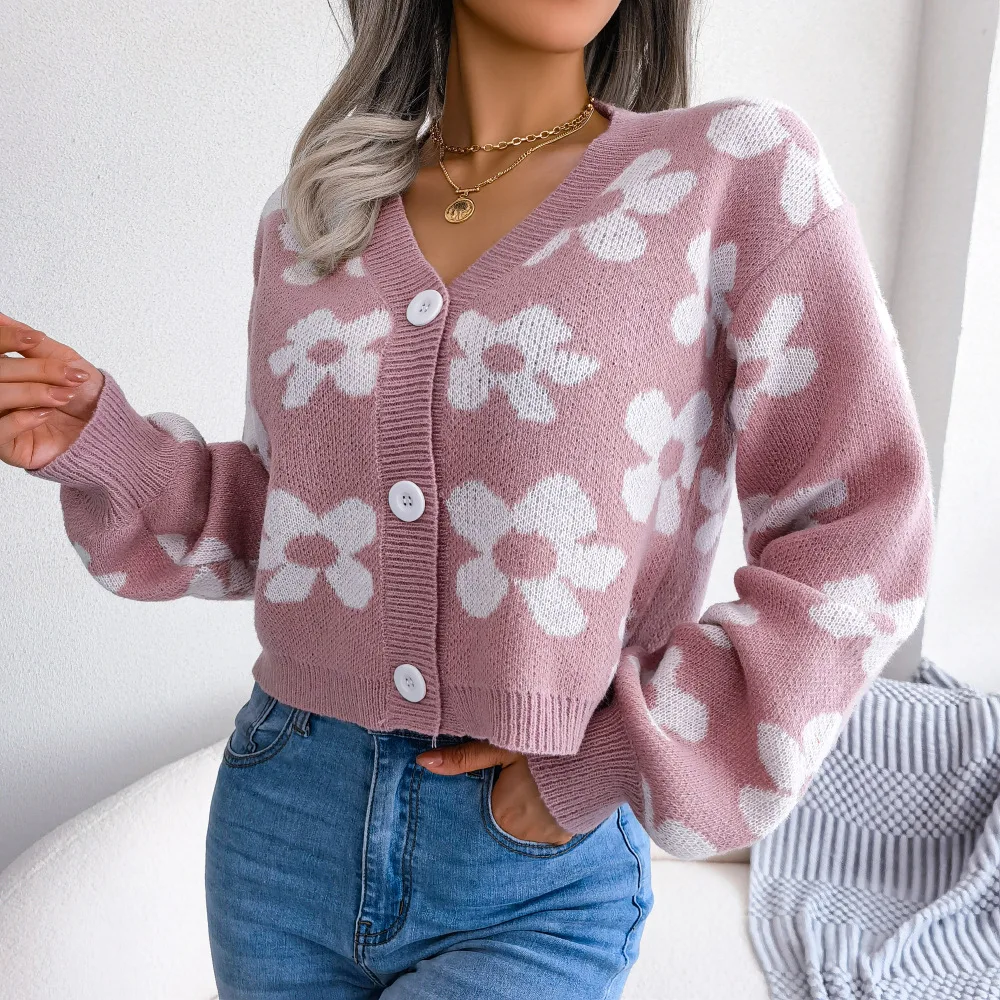 Womens Floral Contrast Color Button Front Casual Cardigan Sweater Coat Long Sleeve Open Front for Resort Wear detail