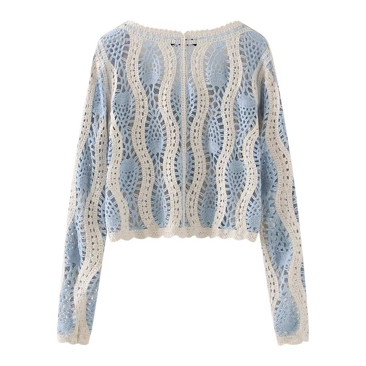 Low Moq Custom Women Knitted Sweater Crew Neck Contrast Color Striped Womens Knitwear Hollowout Crochet Women Knitted Cardigan product view