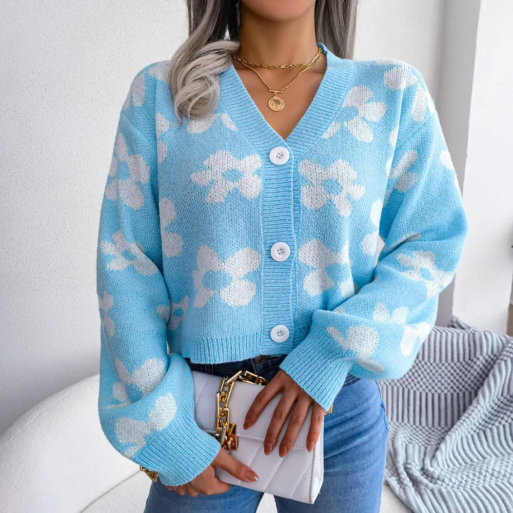 Womens Floral Contrast Color Button Front Casual Cardigan Sweater Coat Long Sleeve Open Front for Resort Wear detail