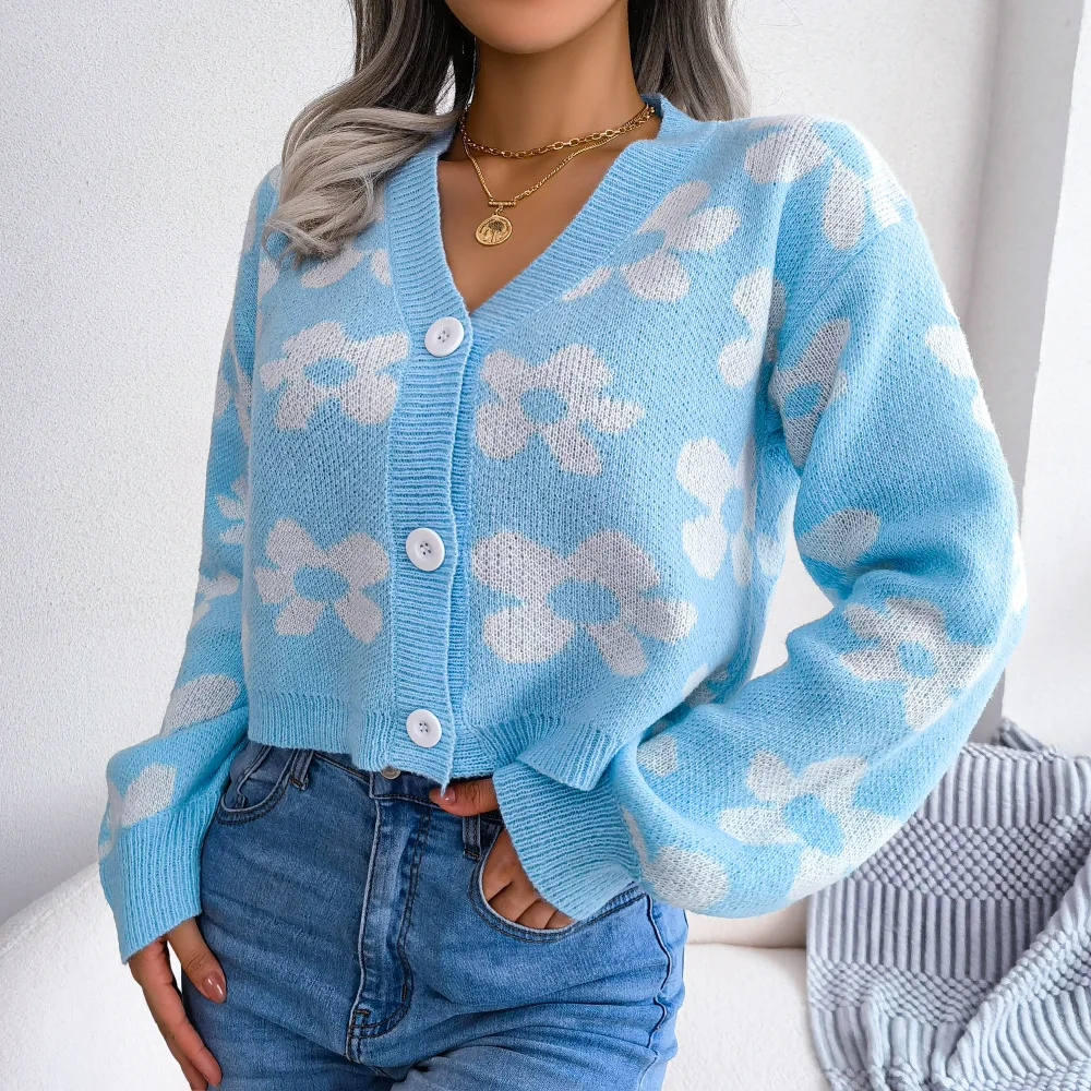 Womens Floral Contrast Color Button Front Casual Cardigan Sweater Coat Long Sleeve Open Front for Resort Wear detail