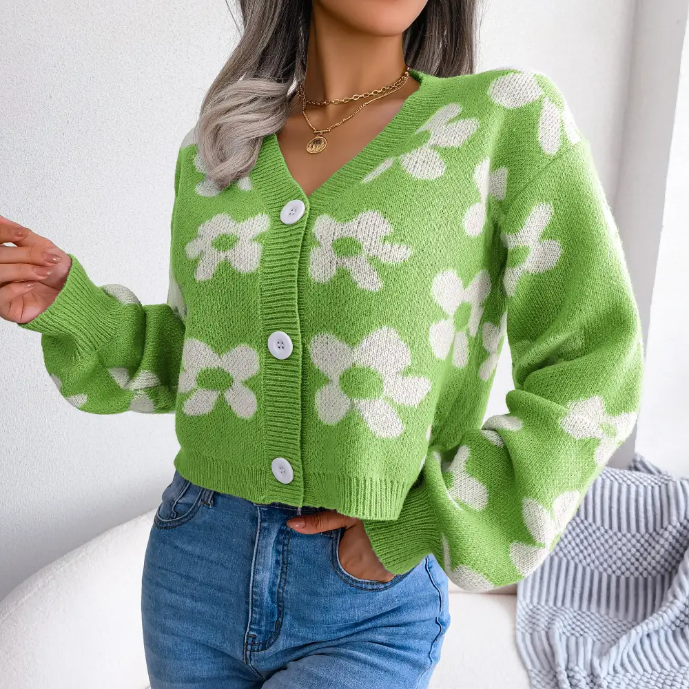 Womens Floral Contrast Color Button Front Casual Cardigan Sweater Coat Long Sleeve Open Front for Resort Wear product view