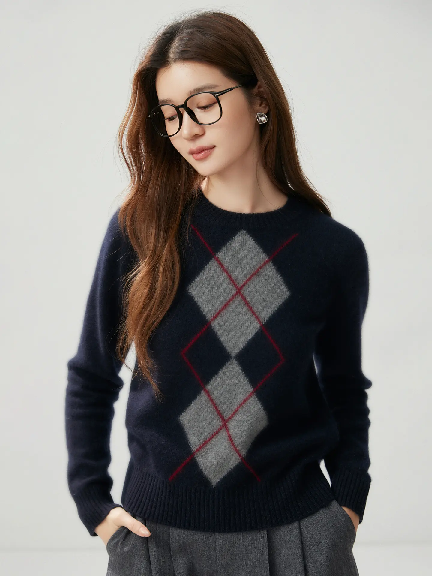 Light Luxury Womens Autumn Winter Sweater Argyle 100 Cashmere Knit Pullover Long Sleeve Clothing Top Lady Warm Jersey product view