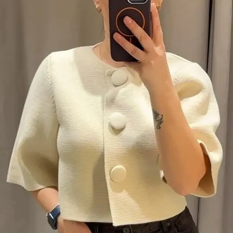 Womens Cropped Knit Cardigan Summer Elegant Off White Button ONeck Short Sleeve Tops For Woman Resort Bolero Sweater product view