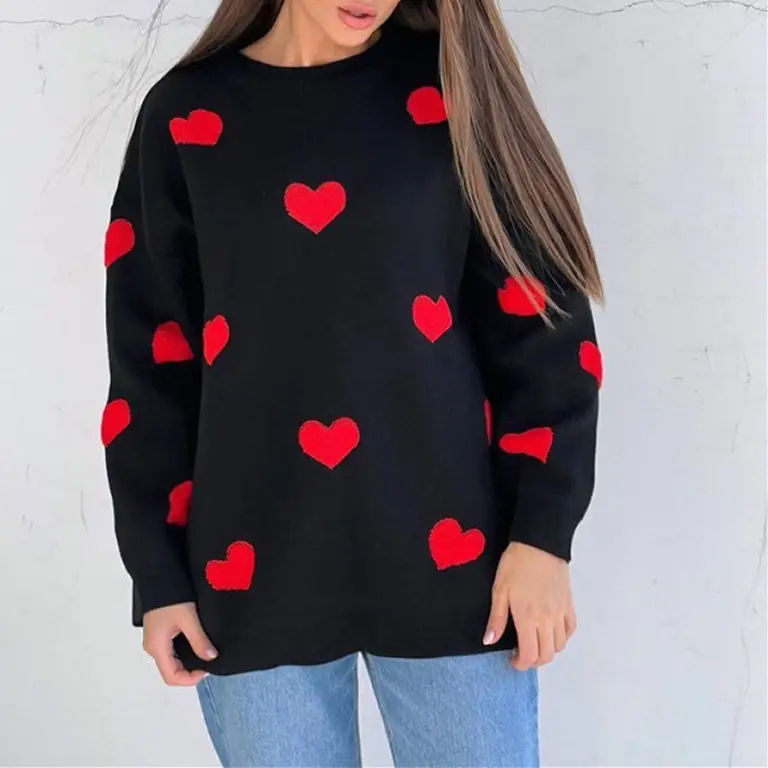 Love Heart Knitted Sweater Womens Trendy Street Style Long Sleeve Overhead Pullover Knitwear Ultra Short Length Fashion product view