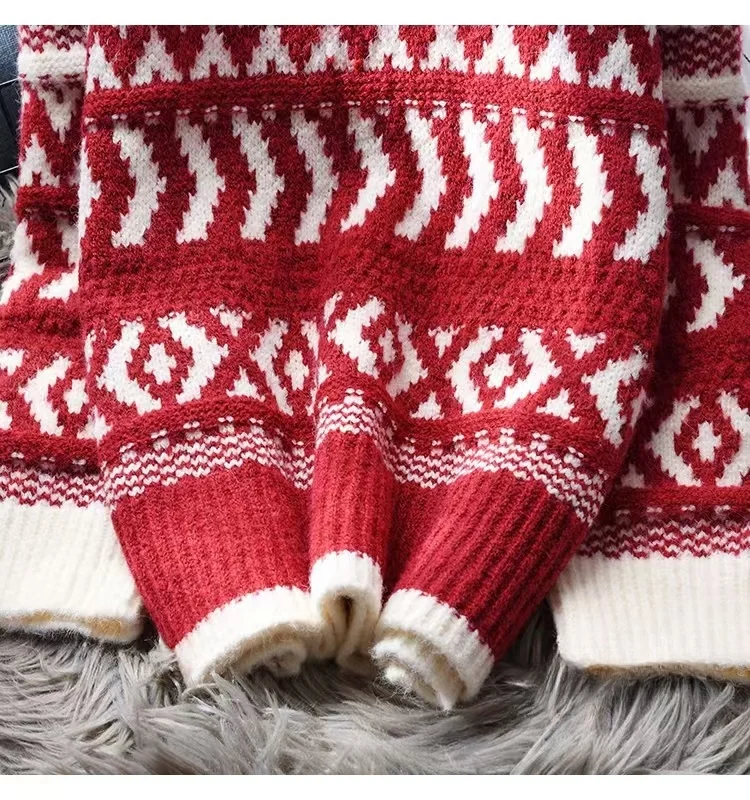 Autumn Winter Chic Sweet Casual Long Sleeve Top Vintage Womens Sweater Christmas Loose Knit Stripe ONeck Pullover detail