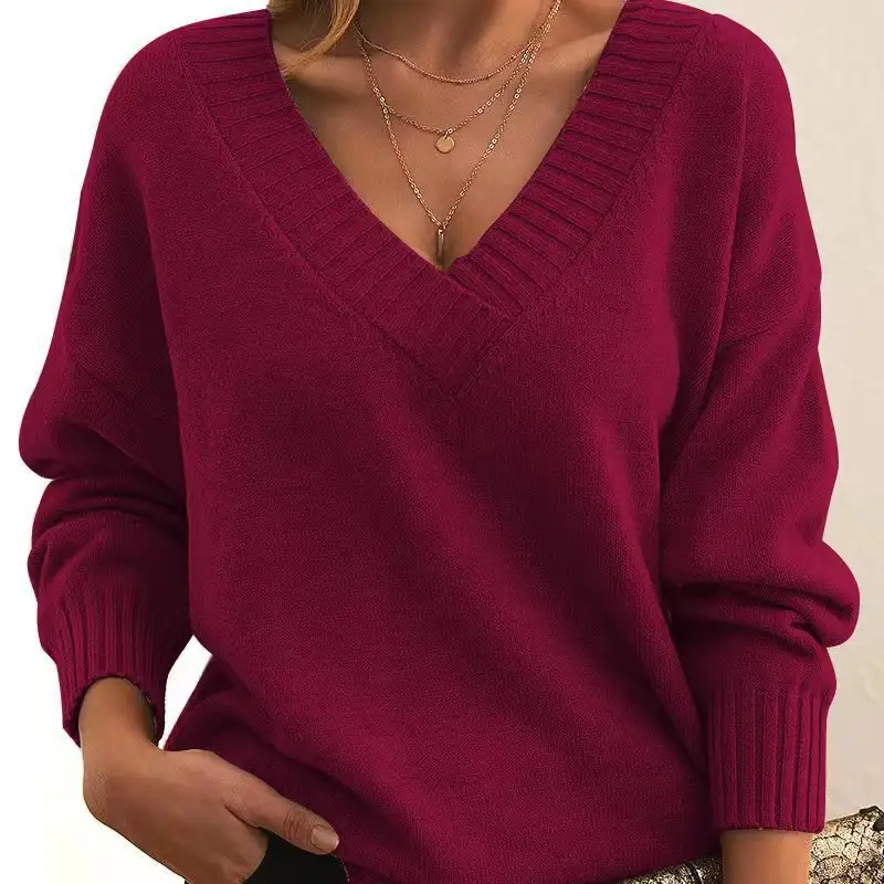 Fall Winter New Fashion Womens Sweater LooseFit VNeck Casual Pullover Knit Tops Clothing product view
