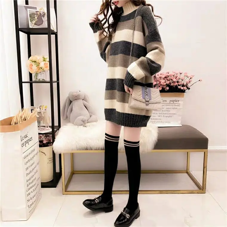 2025 Autumn Winter Thick Warm Sweater Casual Half High Neck Womens Knitted Sweater Striped Loose Fit Lady Pullover Tops detail