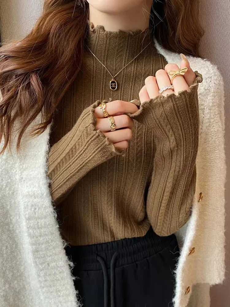 New Womens Autumn and Winter Solid Color Ruffled Semiturtleneck Longsleeved Knitted Sweater Casual Womens Knitted Pullovers detail