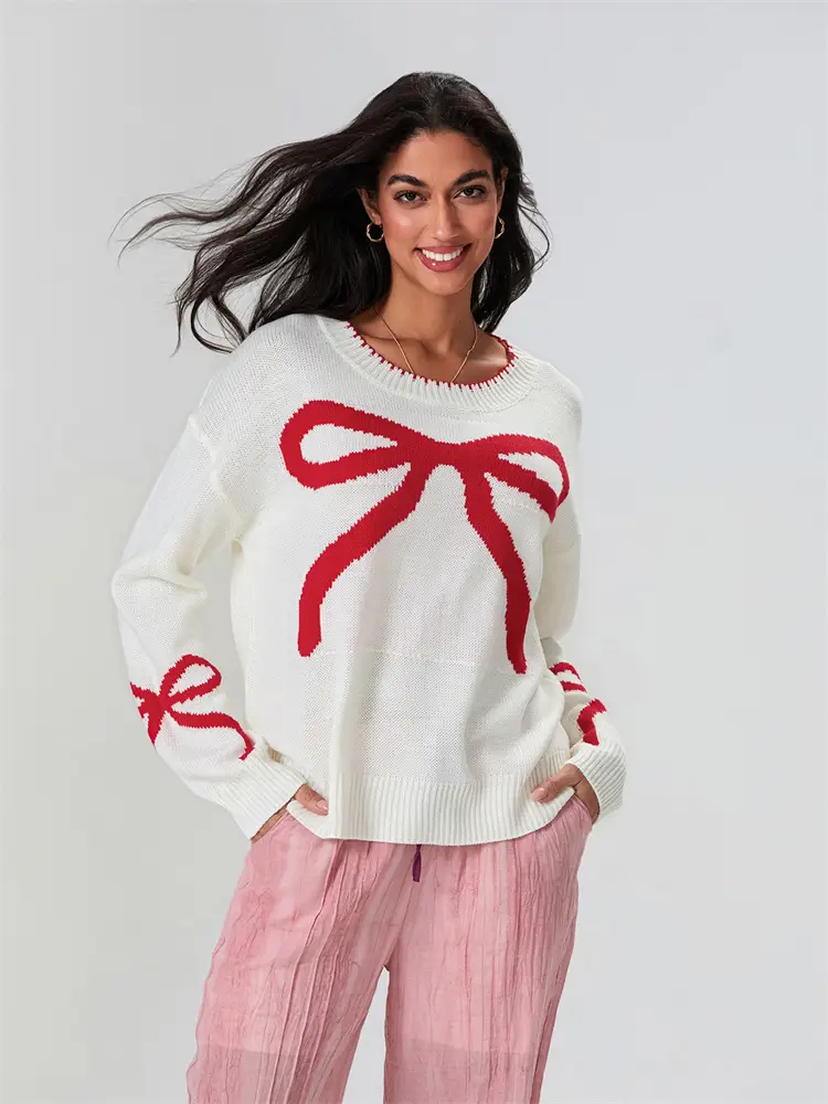 Women's Bow Print Sweater Elegant Long Sleeve Round Neck Knit Pullovers Spring Autumn Tops