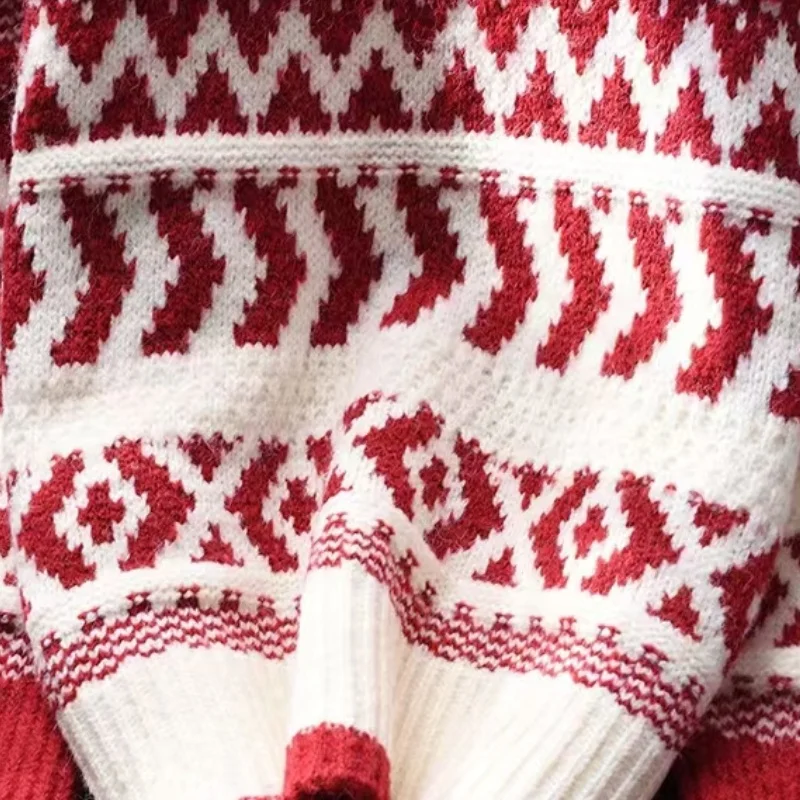 Autumn Winter Chic Sweet Casual Long Sleeve Top Vintage Womens Sweater Christmas Loose Knit Stripe ONeck Pullover detail