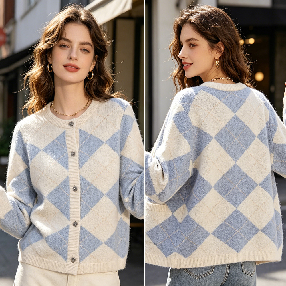 Custom Womens Knitwear Plaid Knit AntiWrinkle Cardigan Crew Neck Button Down Loose Fit Long Sleeve Preppy for Spring Fall detail