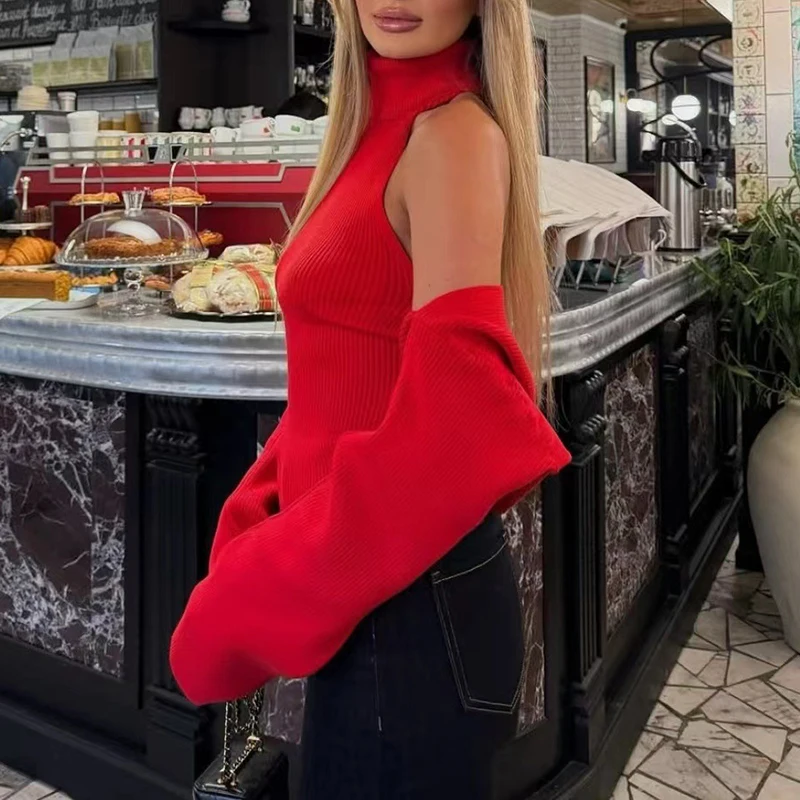 Autumn Winter New Crochet Lady Party Camisole Fashion Hollow Out Knitted Womens Sweater Casual Solid Color Slim Commute Jumper detail