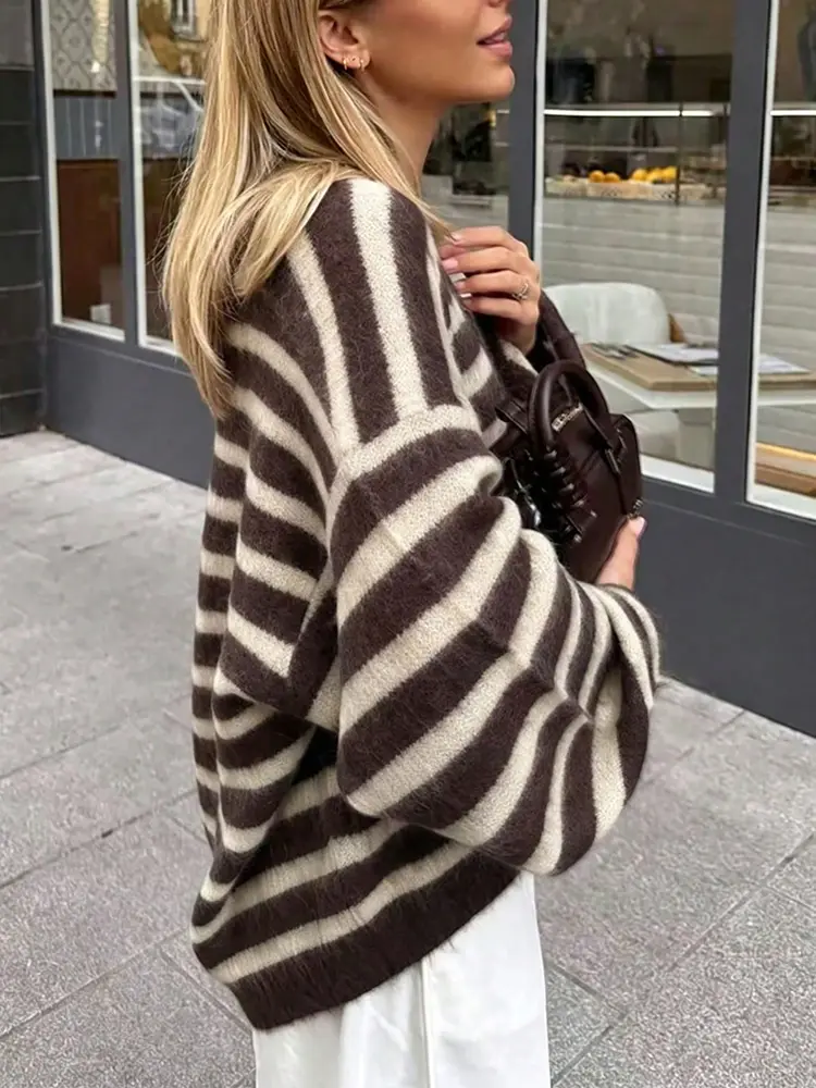 Stripe Print Long Sleeve Cardigans Elegant Vneck Womens Commute Sweater Coat Fur Soft Button Jumpers product view