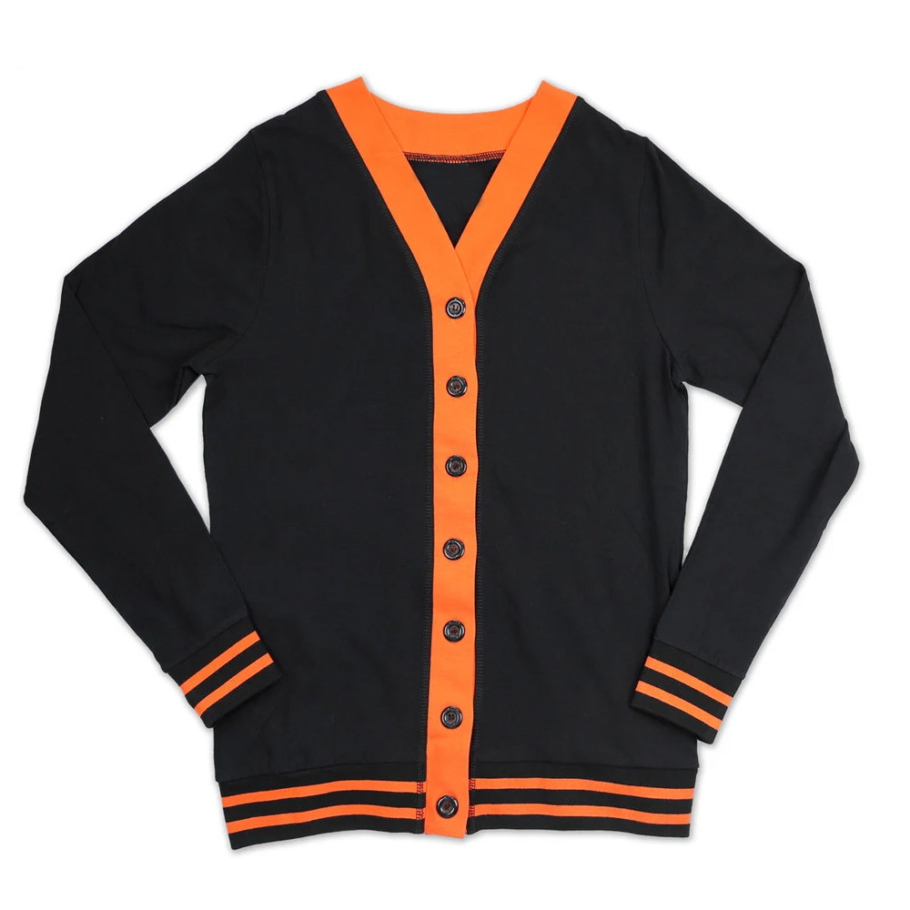 Women's Black Orange V-Neck Winter Cardigan Full Sleeve Button Closure Casual Knitted Sweater Front Logo 100% Cotton Breathable