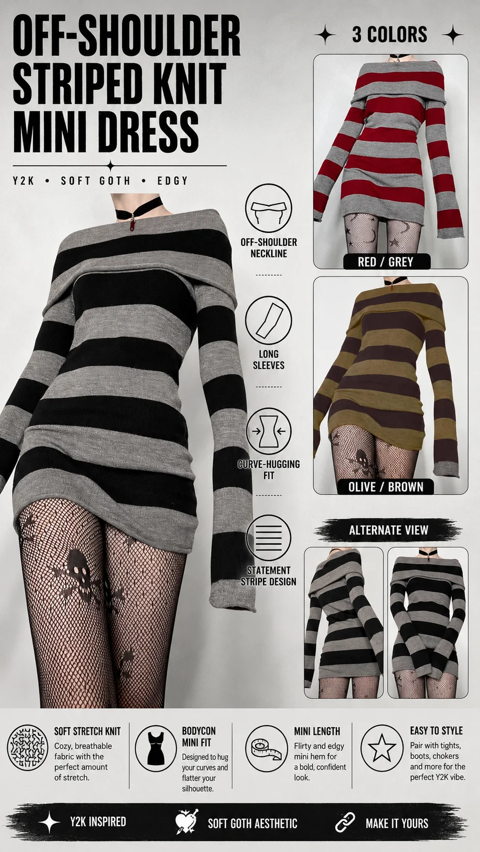 Women Gothic Y2K Off Shoulder Striped Knit Mini Dress Long Sleeve Bodycon Sweater Dress Punk Grunge Aesthetic Party Club Outfits detail