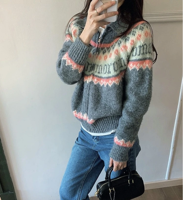 Zipper Lapel Color Blocking Coat Retro Jacquard Knitted Cardigan Loose Long Sleeve Sweater detail