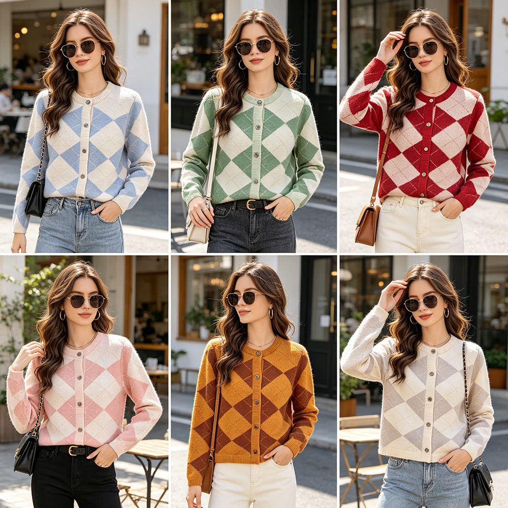 Custom Womens Knitwear Plaid Knit AntiWrinkle Cardigan Crew Neck Button Down Loose Fit Long Sleeve Preppy for Spring Fall product view